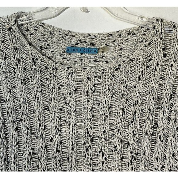 Alice +Olivia Ivory Black Silver Shimmery Crochet Knit Sweater Pullover Top - Picture 5 of 9